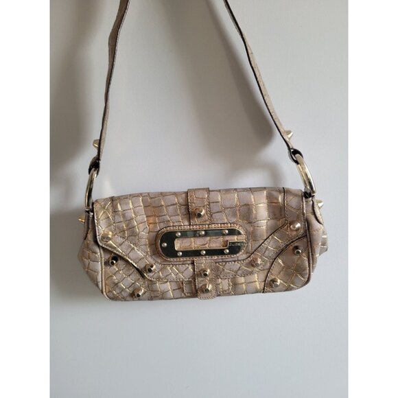 Y2K GUESS Patent Leather Croc studded Shoulder Bag Bagget Gold vintage shimmer - Picture 1 of 12